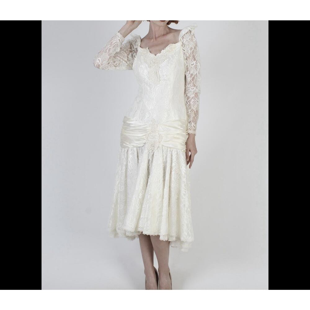 Vtg Bonnell 80’s Sz Med Chiffon Hi Lo Dress Lace Deco Asym Hem Wedding Prom Gown